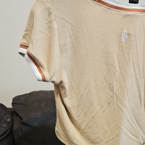 FP Movement by Free People Tan Cropped Ringer Tee with White and Rust Trim - Picture 7 of 8